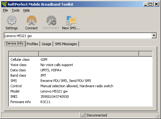 SoftPerfect Mobile Broadband Toolkit, Device Info tab