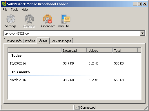 SoftPerfect Mobile Broadband Toolkit, Usage tab