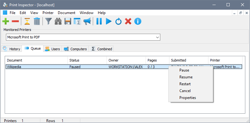 Print Inspector - Current queue on the selected printer, Queue tab 