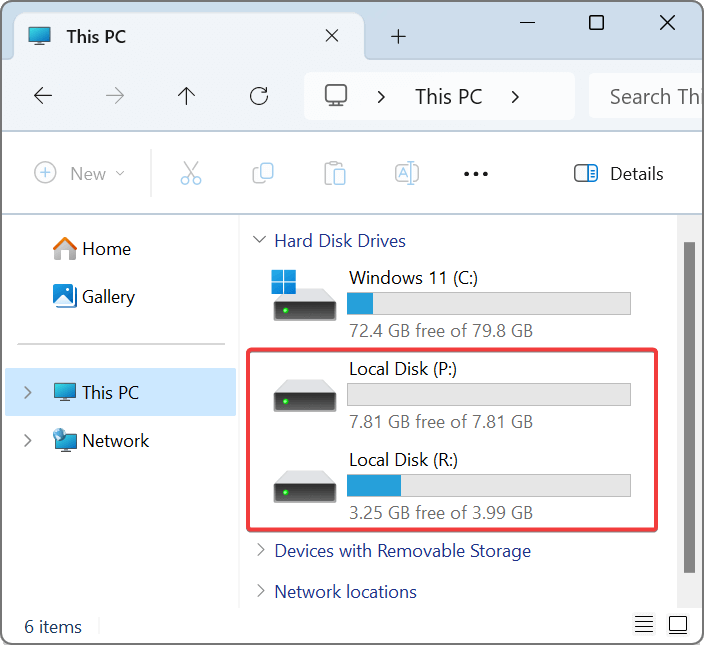 How the mounted RAM disks appear in Windows Explorer